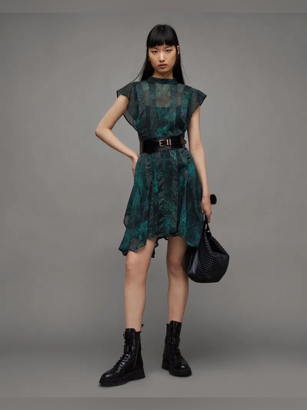 AllSaints Fleur Ziggy Asymmetric Hem Zig Mini Dress, Size 10 - Picture 8 of 12